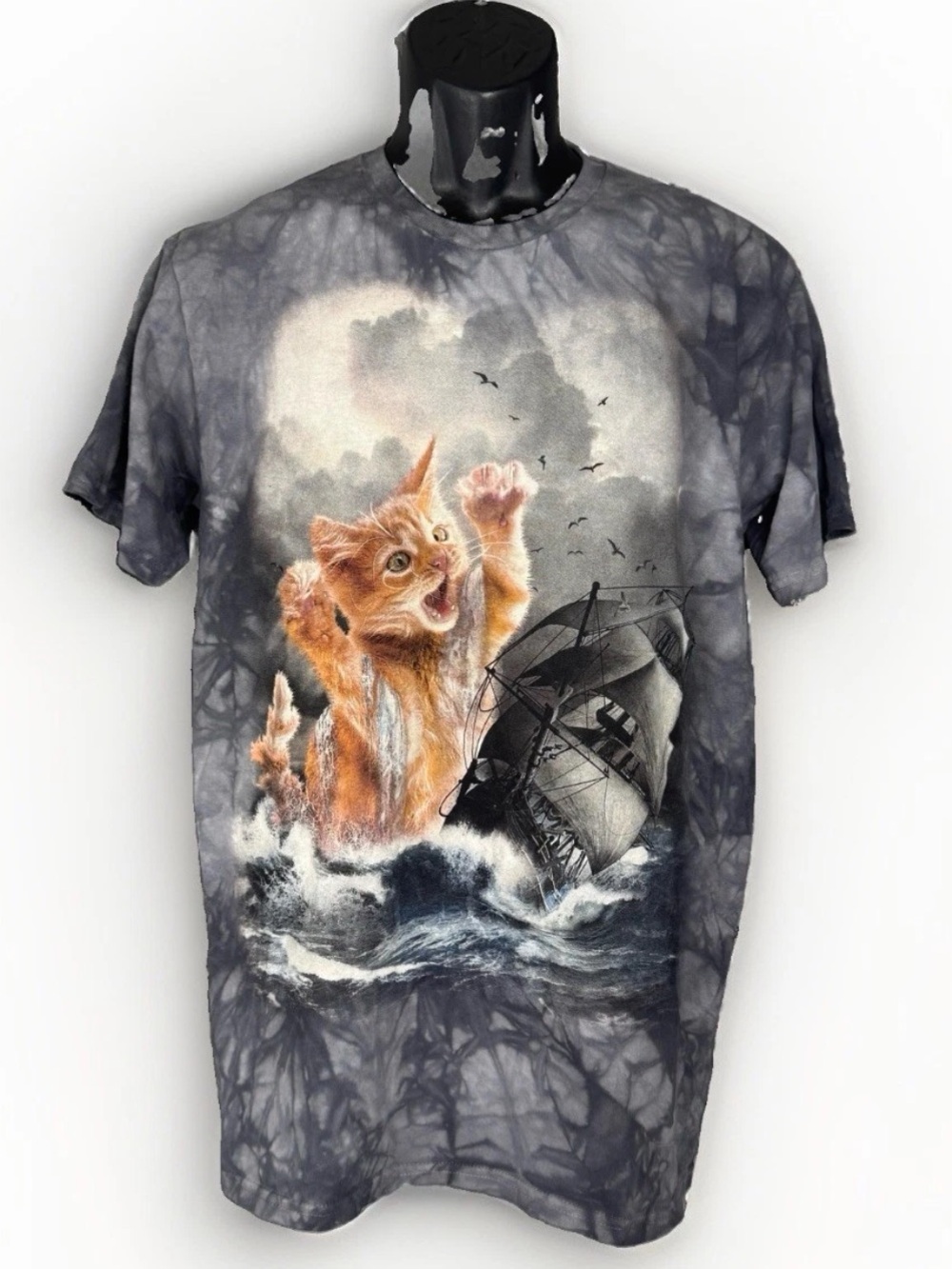 The Mountain Krakitten Shirt M Gray Tie Dye Orange Cat Kitten Kraken Pirate Ship